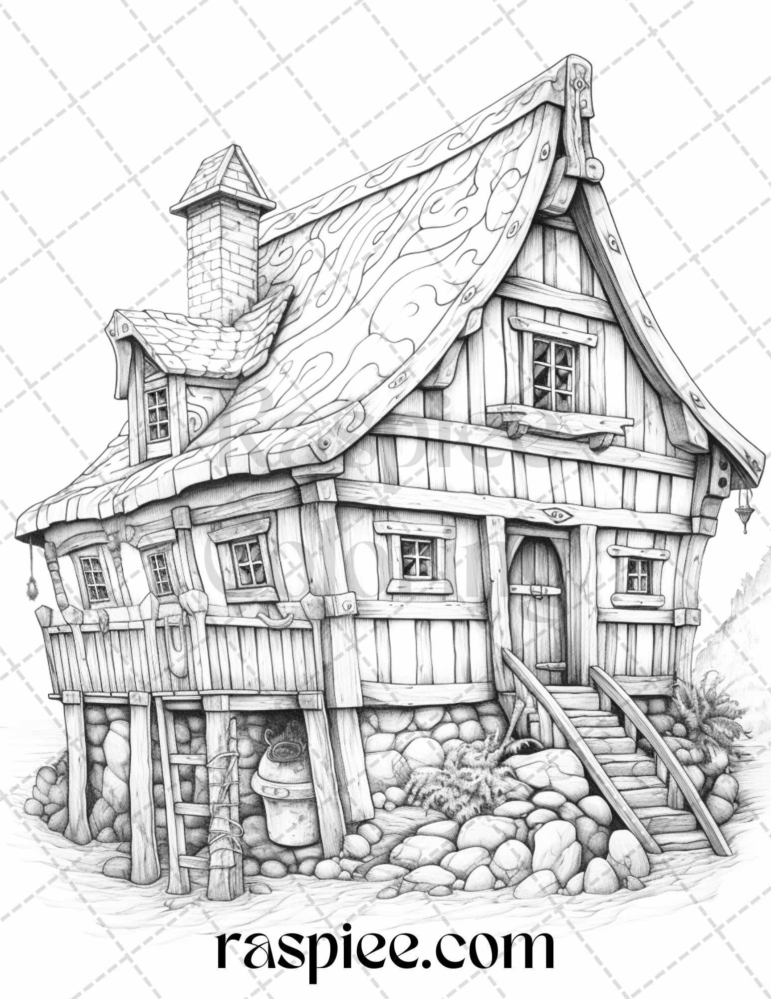 40 Viking Houses Grayscale Coloring Pages Printable for Adults, PDF File Instant Download