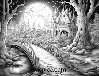 40 Halloween Landscapes Grayscale Coloring Pages Printable for Adults, PDF File Instant Download