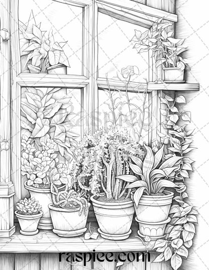 40 Window Plants Grayscale Coloring Pages Printable for Adults, PDF File Instant Download