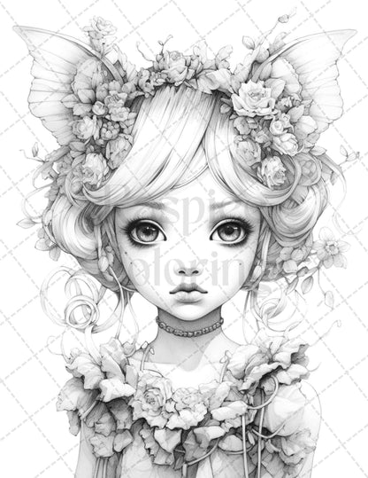 45 Adorable Chibi Fairy Grayscale Coloring Pages Printable for Adults, PDF File Instant Download