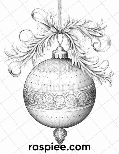 40 Christmas Balls Grayscale Coloring Pages Printable for Adults, PDF File Instant Download