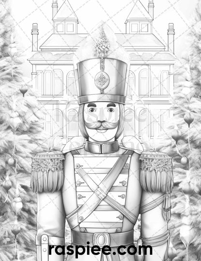 40 Christmas Nutcrackers Grayscale Coloring Pages for Adults, Printable PDF File Instant Download