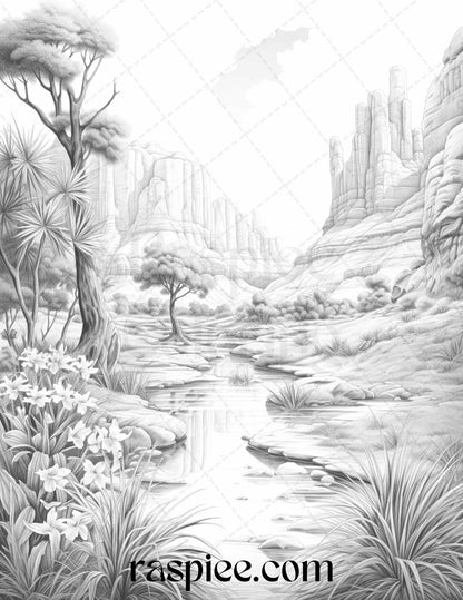 40 Desert Landscapes Grayscale Coloring Pages Printable for Adults, PDF File Instant Download