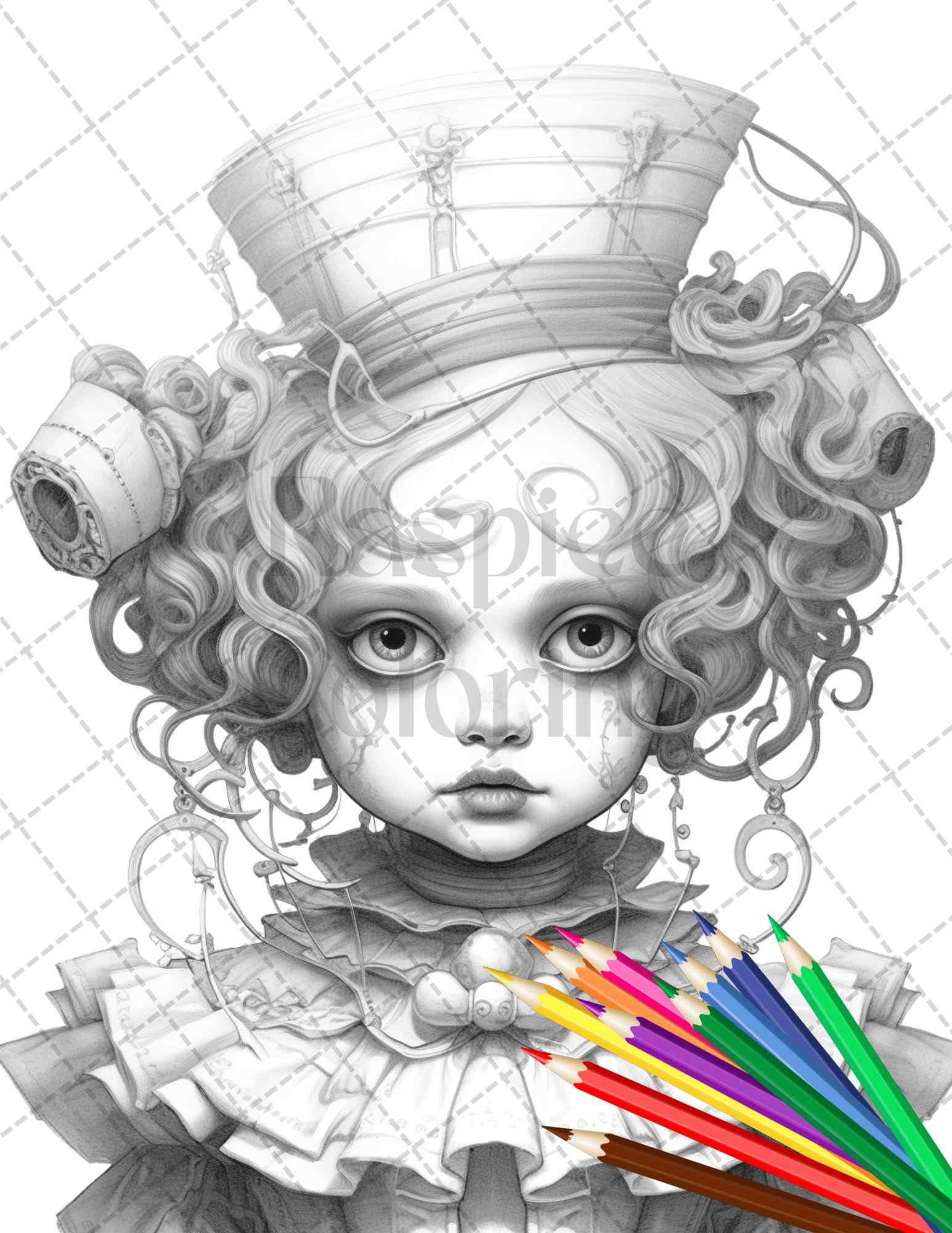 40 Creepy Porcelain Dolls Grayscale Coloring Pages for Adults, PDF File Instant Download