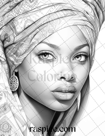 40 Beautiful African Women Grayscale Coloring Pages Printable for Adults, PDF File Instant Download