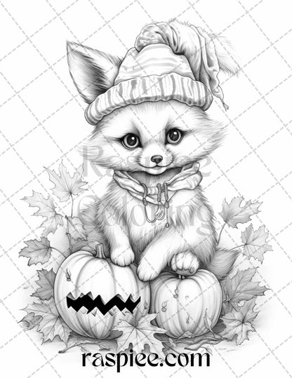 40 Cute Fall Animals Grayscale Coloring Pages Printable for Adults and Kids, PDF File Instant Download