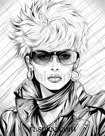 1980s New Wave Pop Star Grayscale Coloring Pages Printable for Adults, PDF File Instant Download