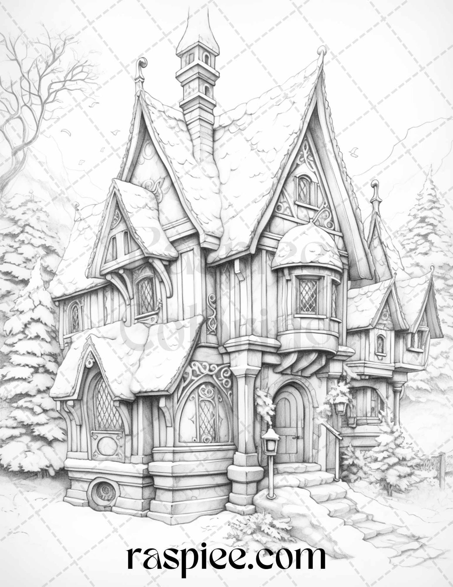 42 Fantasy Christmas Houses Grayscale Coloring Pages Printable for Adults, PDF File Instant Download