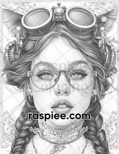 65 Gothic Steampunk Girls Grayscale Adult Coloring Pages, Printable PDF Instant Download