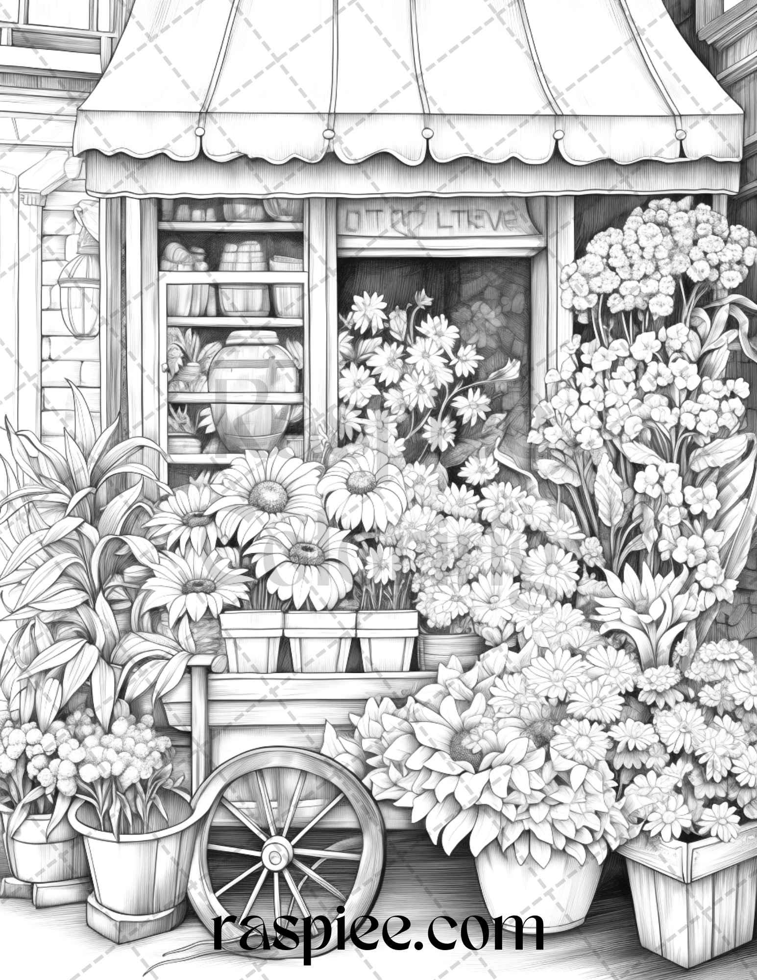 45 Flower Store Front Grayscale Coloring Pages Printable for Adults, PDF File Instant Download