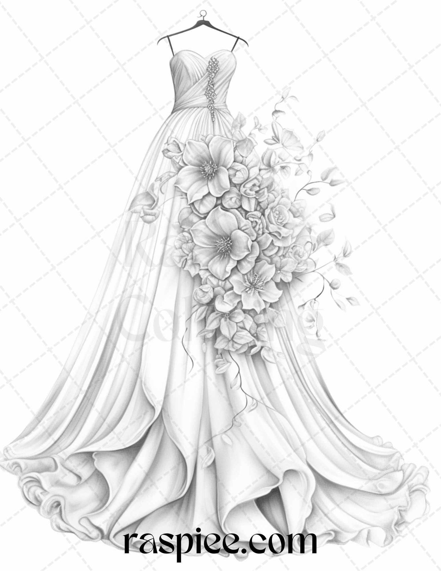 40 Elegant Floral Wedding Dresses Grayscale Coloring Pages Printable for Adults, PDF File Instant Download