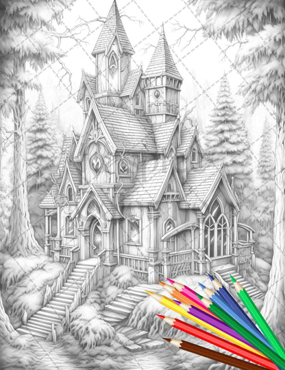 40 Creepy Gothic Houses Grayscale Coloring Pages Printable for Adults, PDF File Instant Download