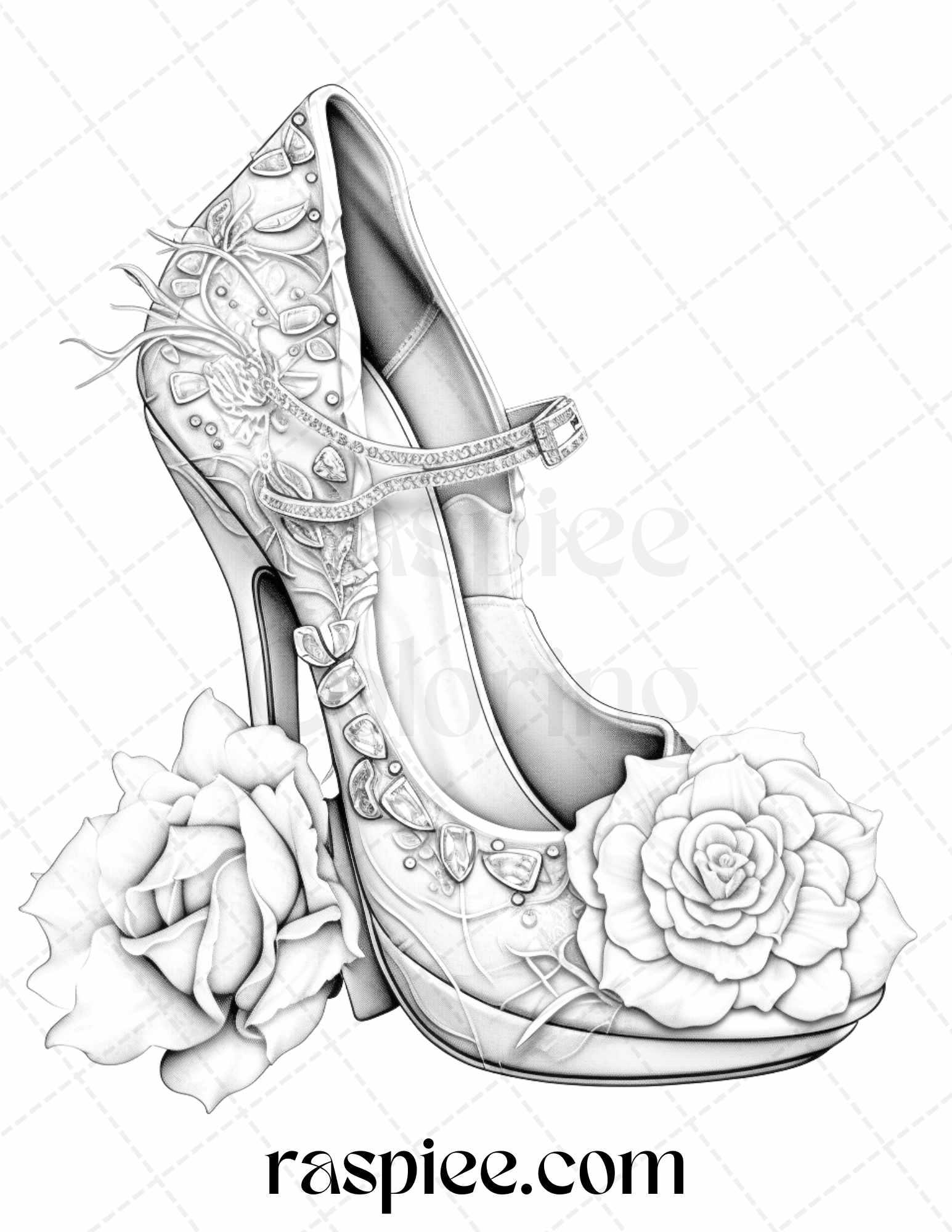 40 Flower Wedding Shoes Grayscale Coloring Pages Printable for Adults, PDF File Instant Download