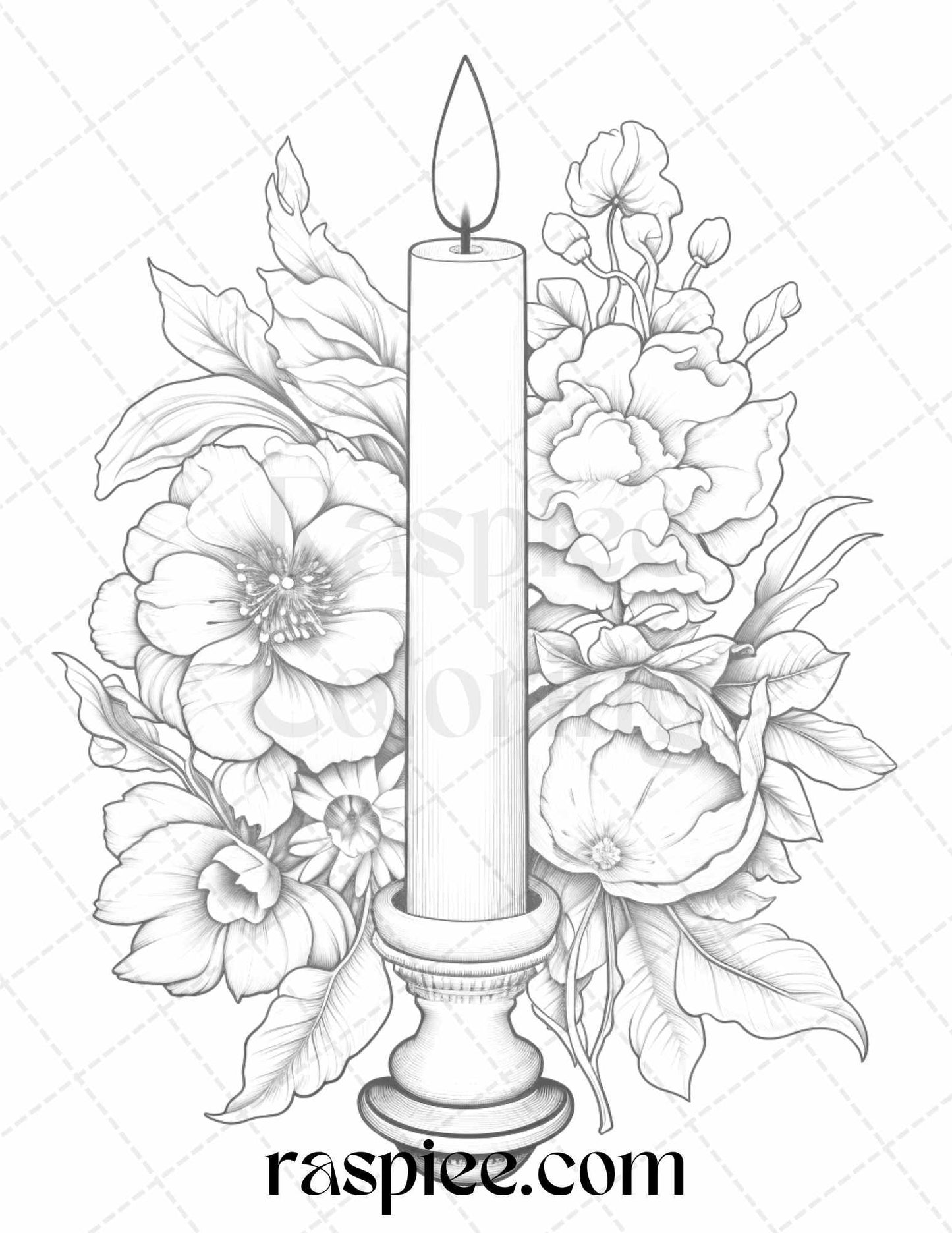 40 Flower Candles Grayscale Coloring Pages Printable for Adults, PDF File Instant Download