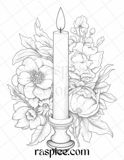 40 Flower Candles Grayscale Coloring Pages Printable for Adults, PDF File Instant Download