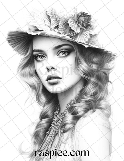 40 Beautiful Gatsby Girls Grayscale Coloring Pages Printable for Adults, PDF File Instant Download