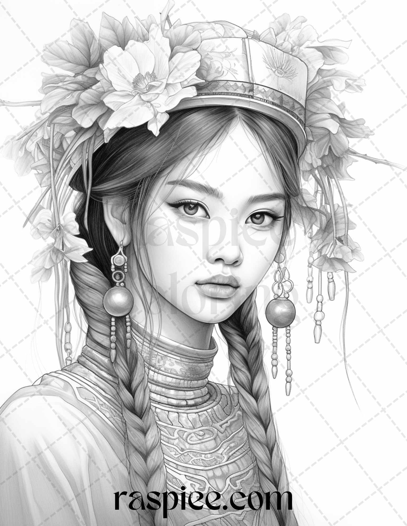 40 Beautiful Chinese Girls Grayscale Coloring Pages for Adults, Printable PDF File Instant Download