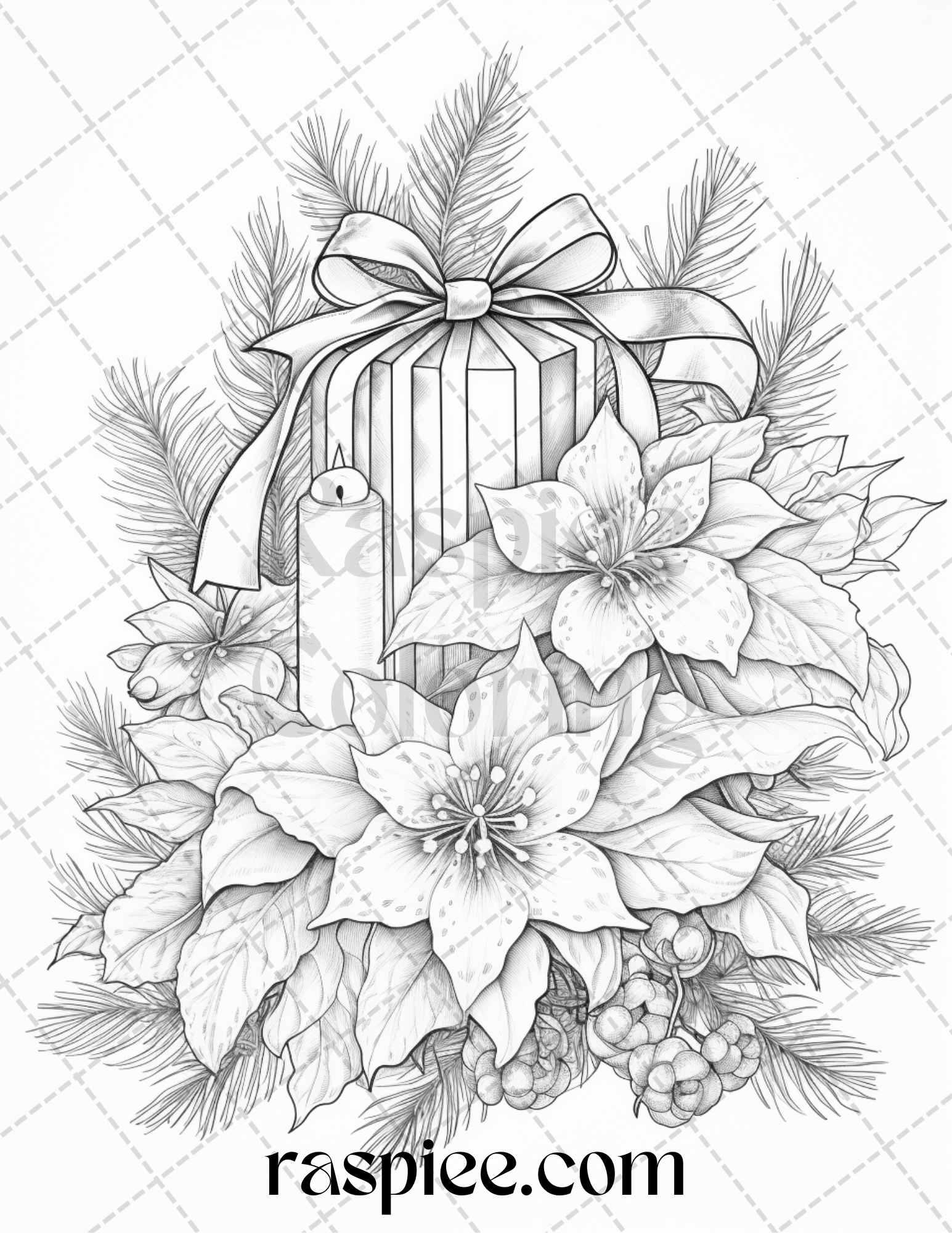 45 Christmas Flowers Grayscale Coloring Pages Printable for Adults, PDF File Instant Download