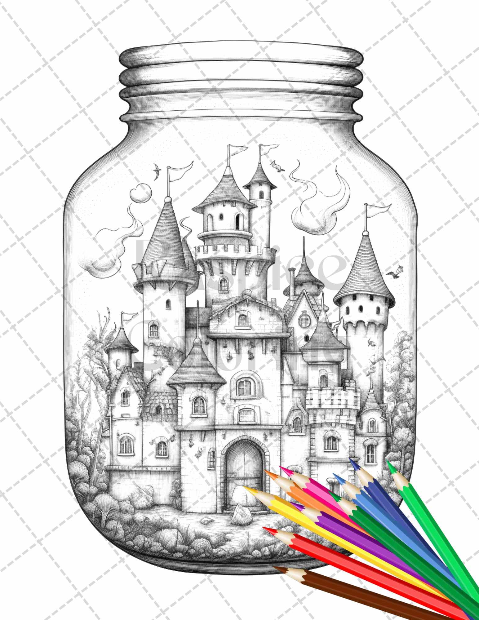 42 Fantasy Castle In Jar Grayscale Coloring Pages Printable for Adults, PDF File Instant Download