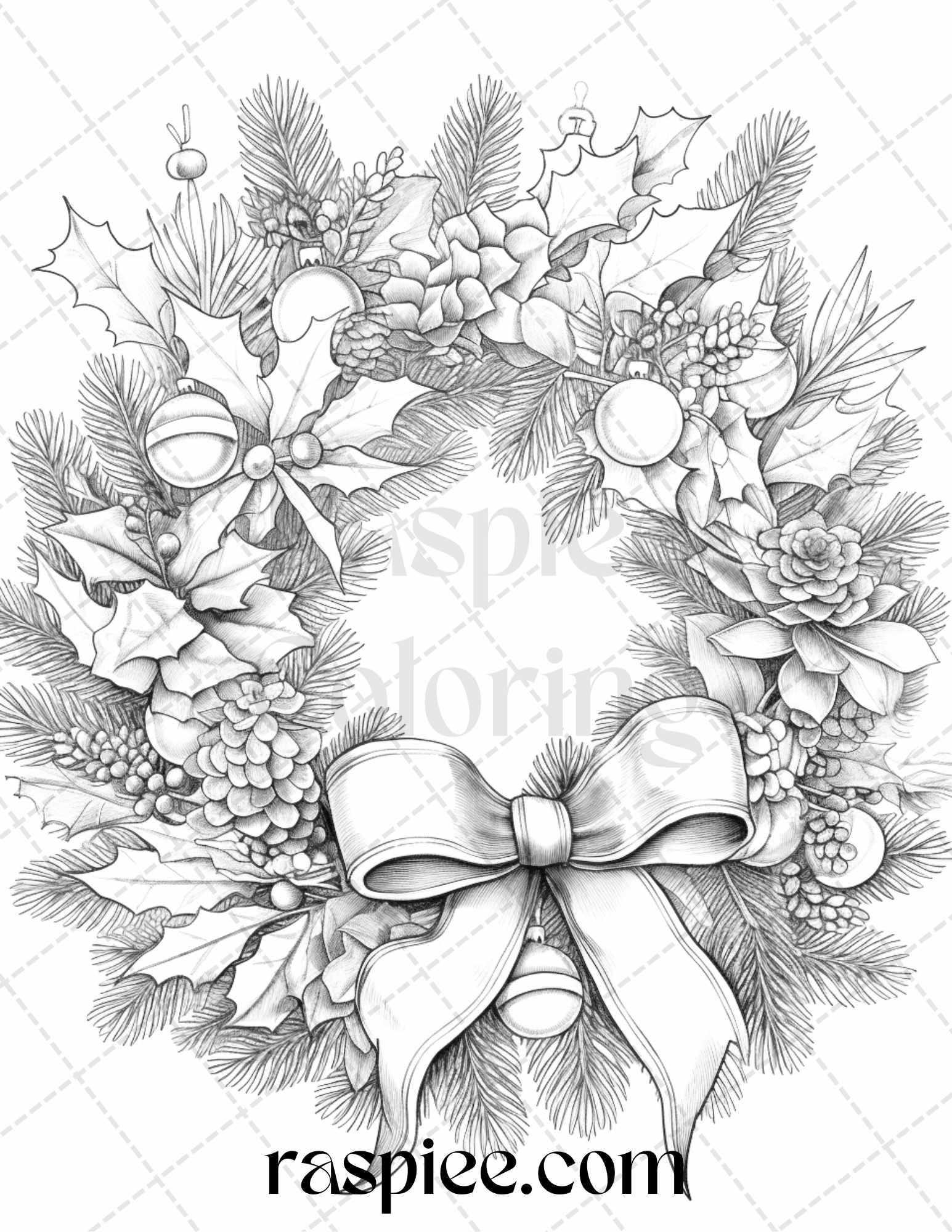 40 Christmas Wreath Grayscale Coloring Pages Printable for Adults, PDF File Instant Download