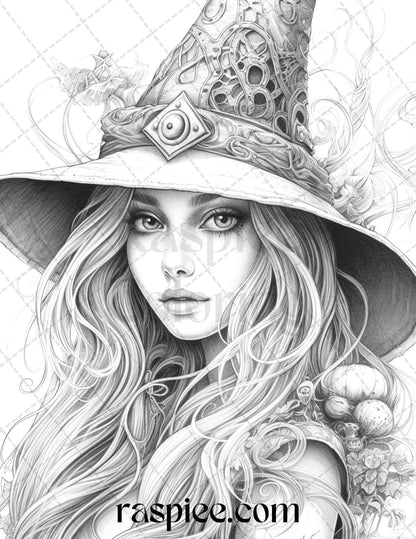 40 Beautiful Witches Grayscale Coloring Pages Printable for Adults, PDF File Instant Download