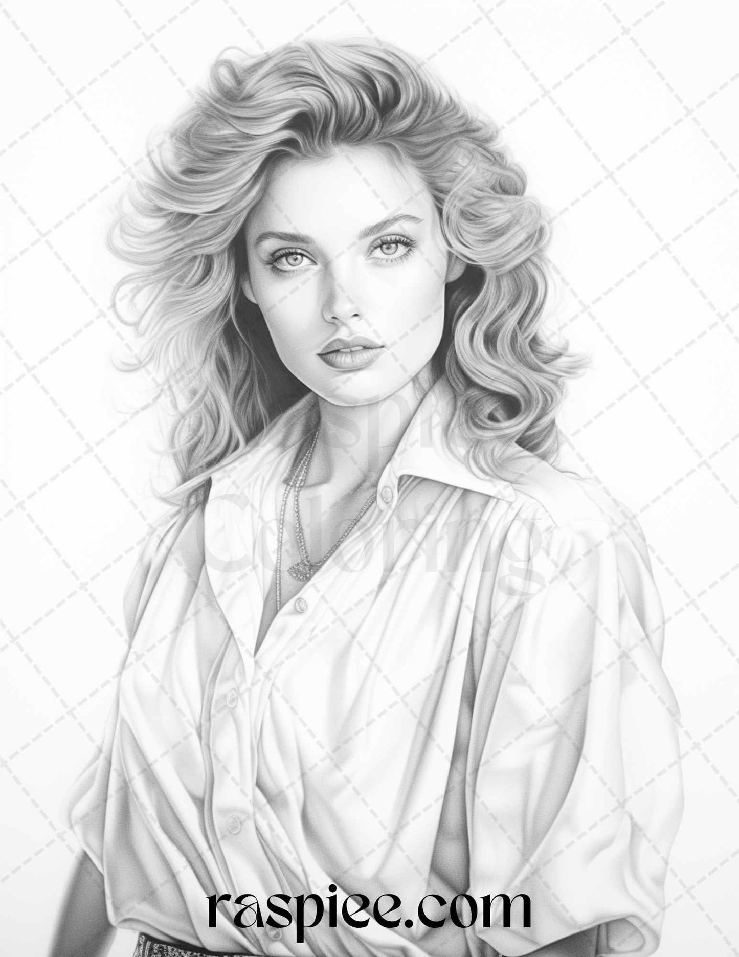 1980s Retro Beautiful Women Grayscale Coloring Pages for Adults, PDF File Instant Download