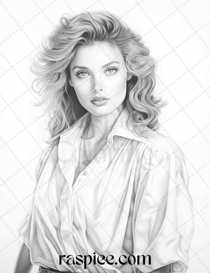 1980s Retro Beautiful Women Grayscale Coloring Pages for Adults, PDF File Instant Download