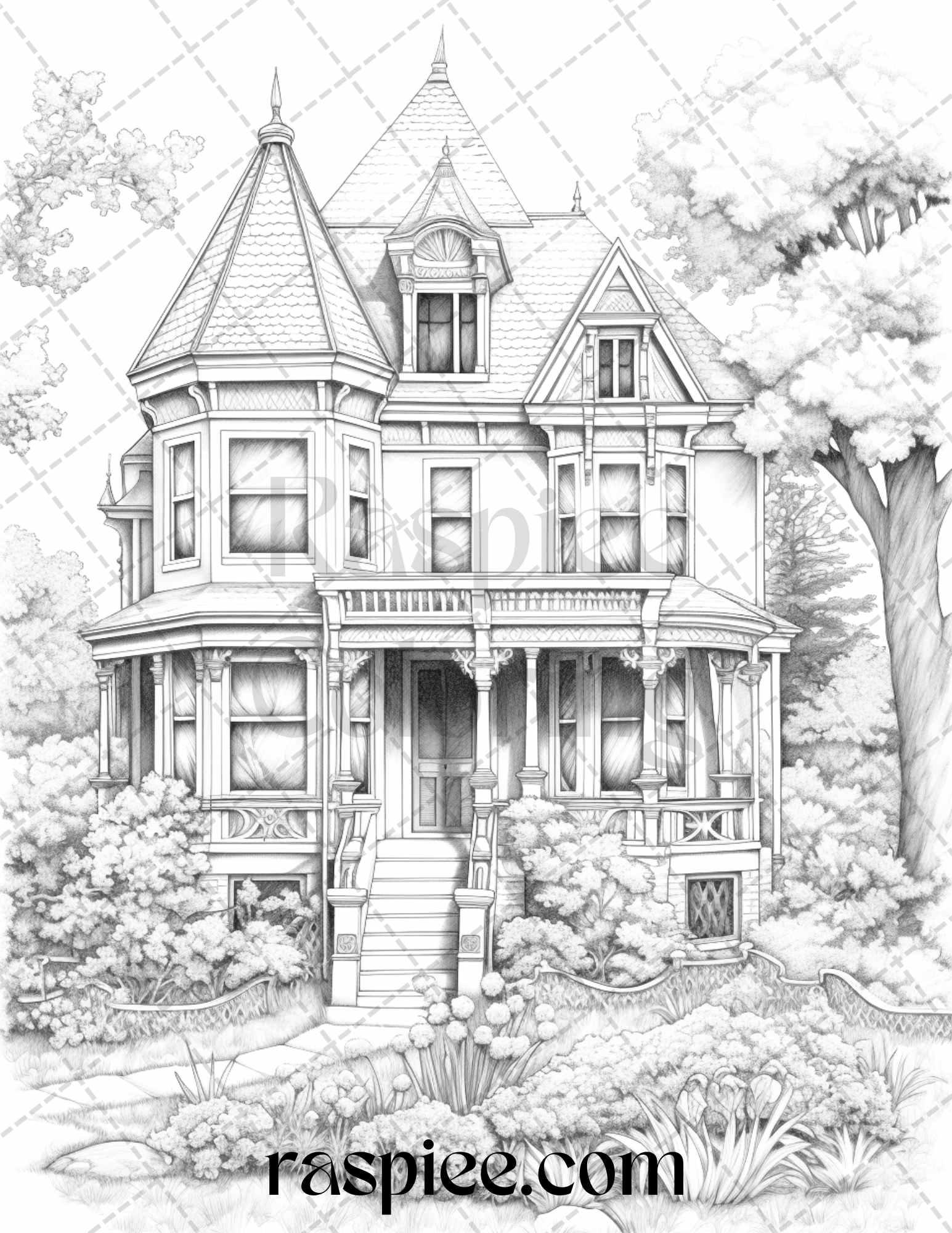 40 Victorian Houses Grayscale Coloring Pages Printable for Adults, PDF File Instant Download