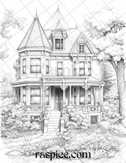 40 Victorian Houses Grayscale Coloring Pages Printable for Adults, PDF File Instant Download