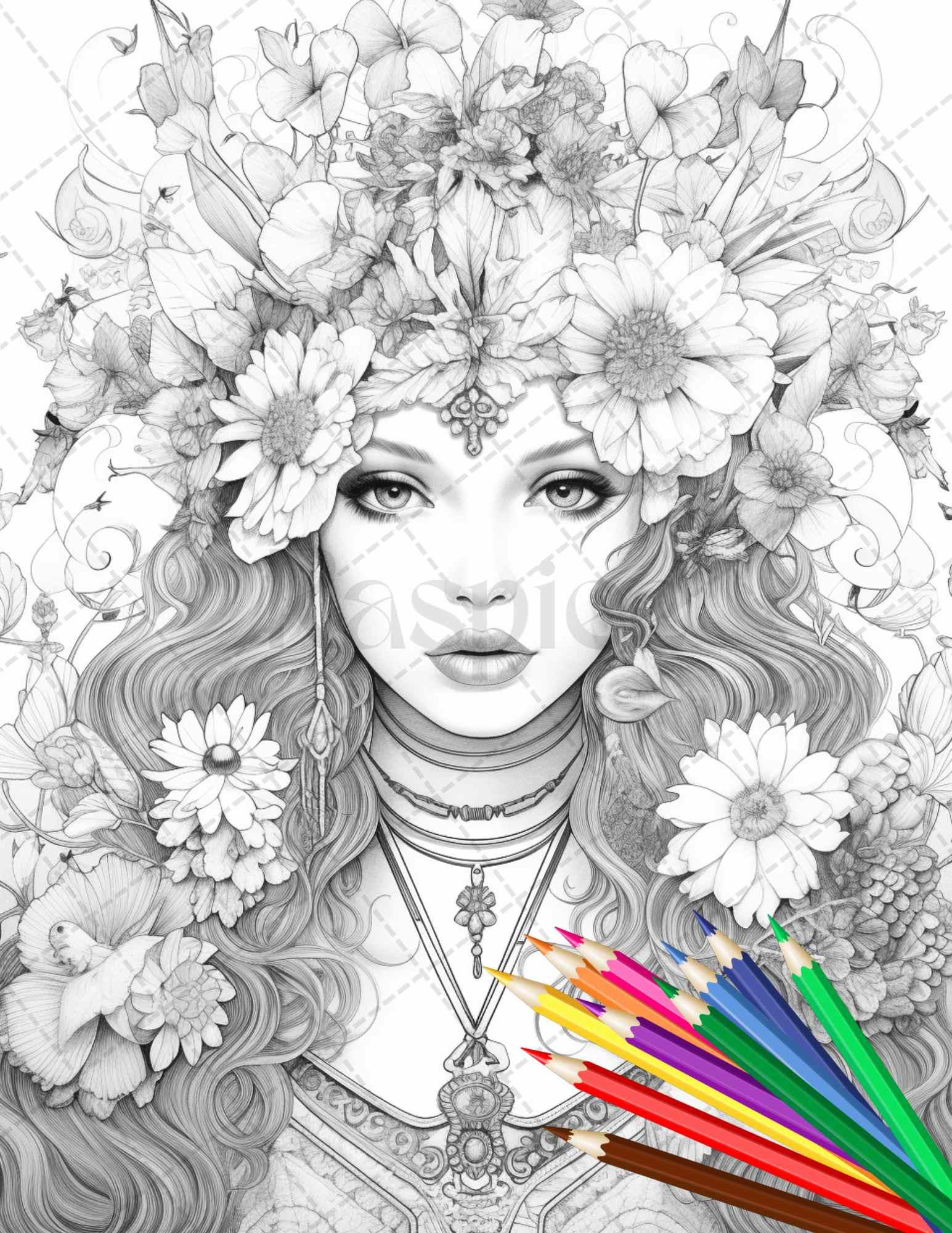 38 Flower Goddess Coloring Pages Printable for Adults, Grayscale Coloring Page, PDF File Instant Download