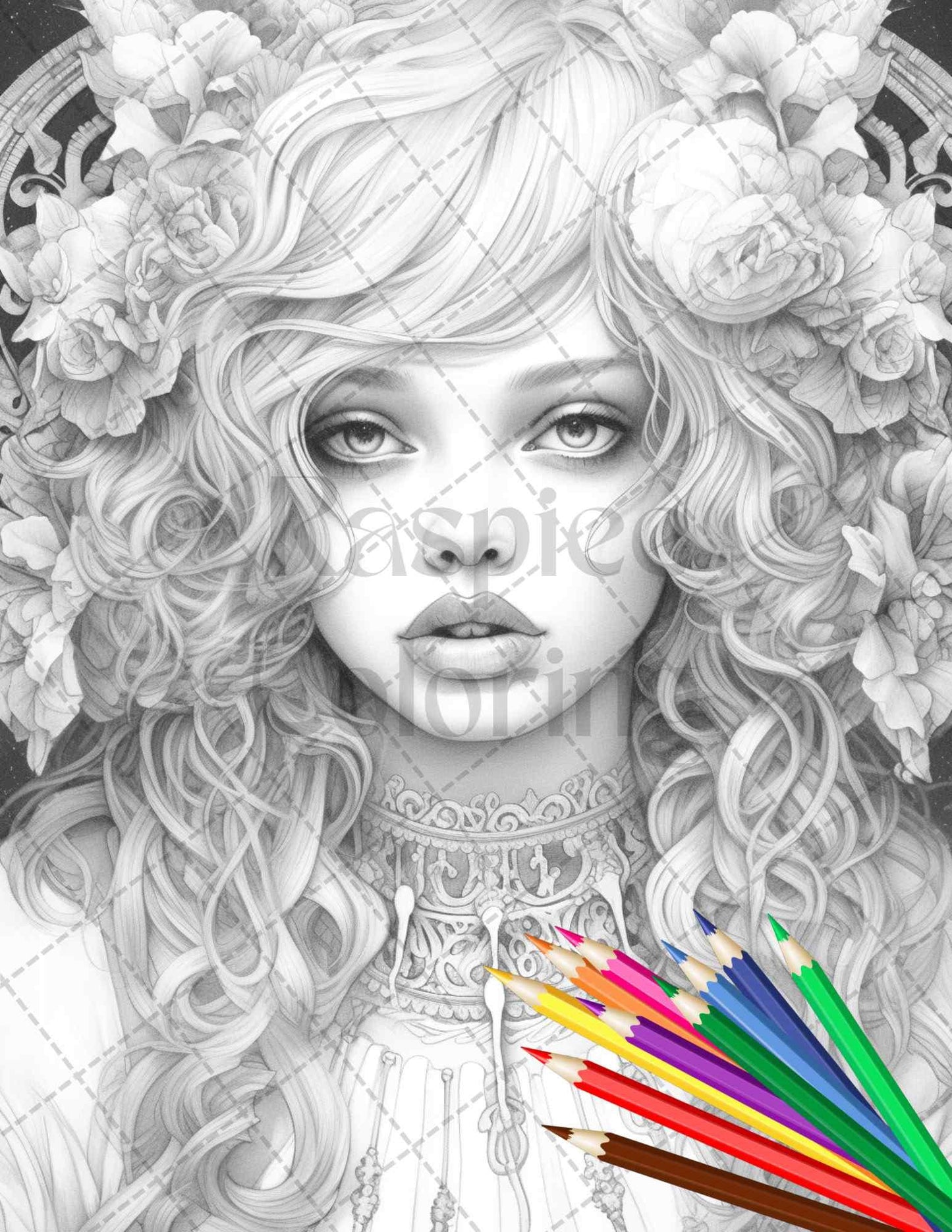 40 Beautiful Gothic Girls Grayscale Coloring Pages Printable for Adults, PDF File Instant Download