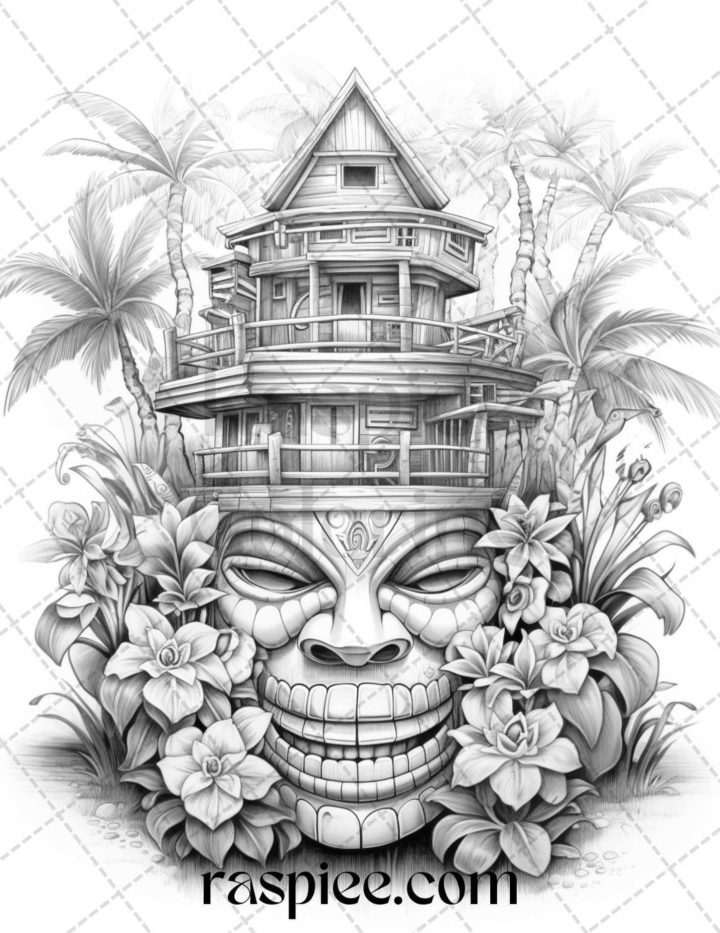 40 Hawaii Tiki Houses Grayscale Coloring Pages Printable for Adults, PDF File Instant Download