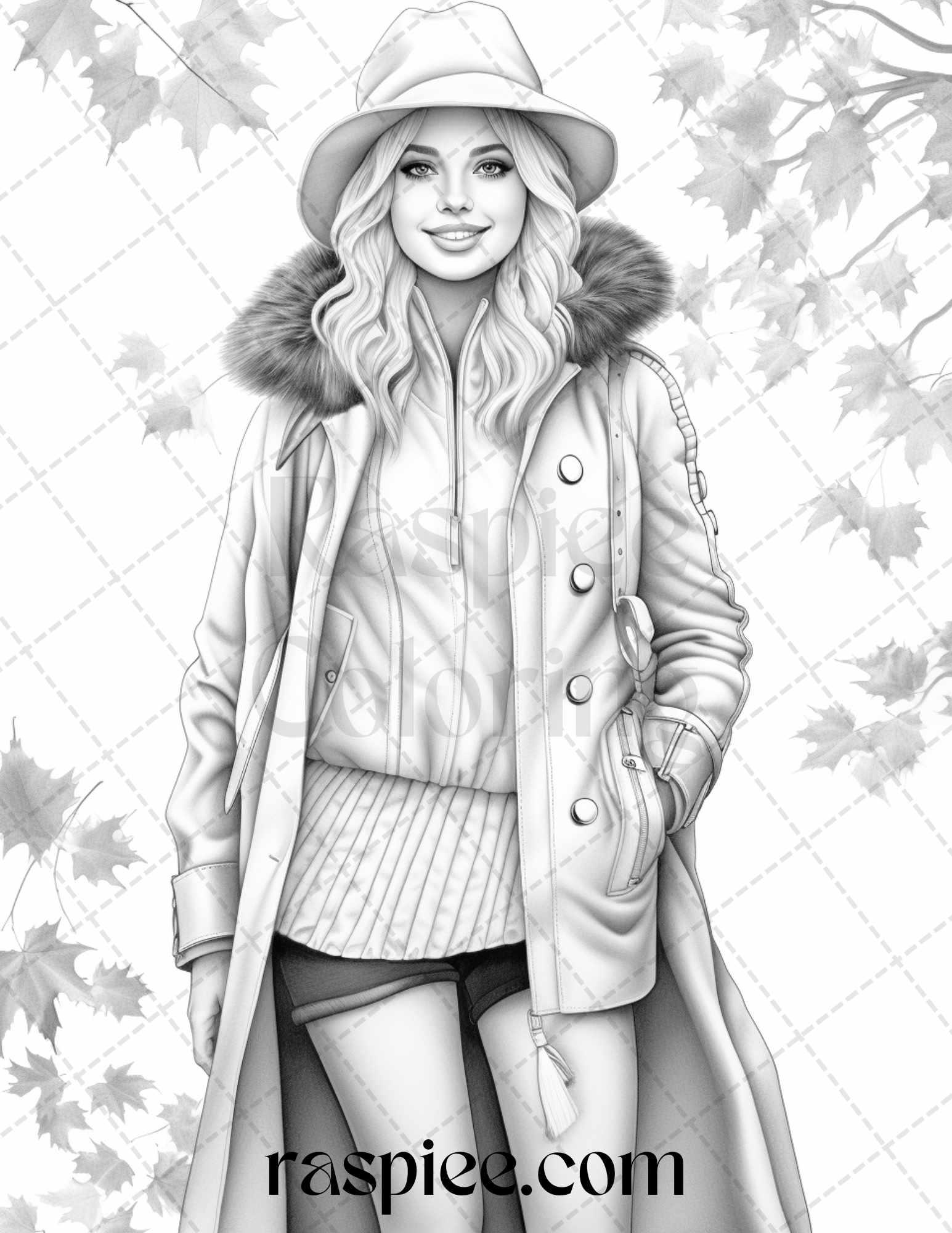 40 Fall Fashion Grayscale Coloring Pages for Adults, Printable PDF File Instant Download