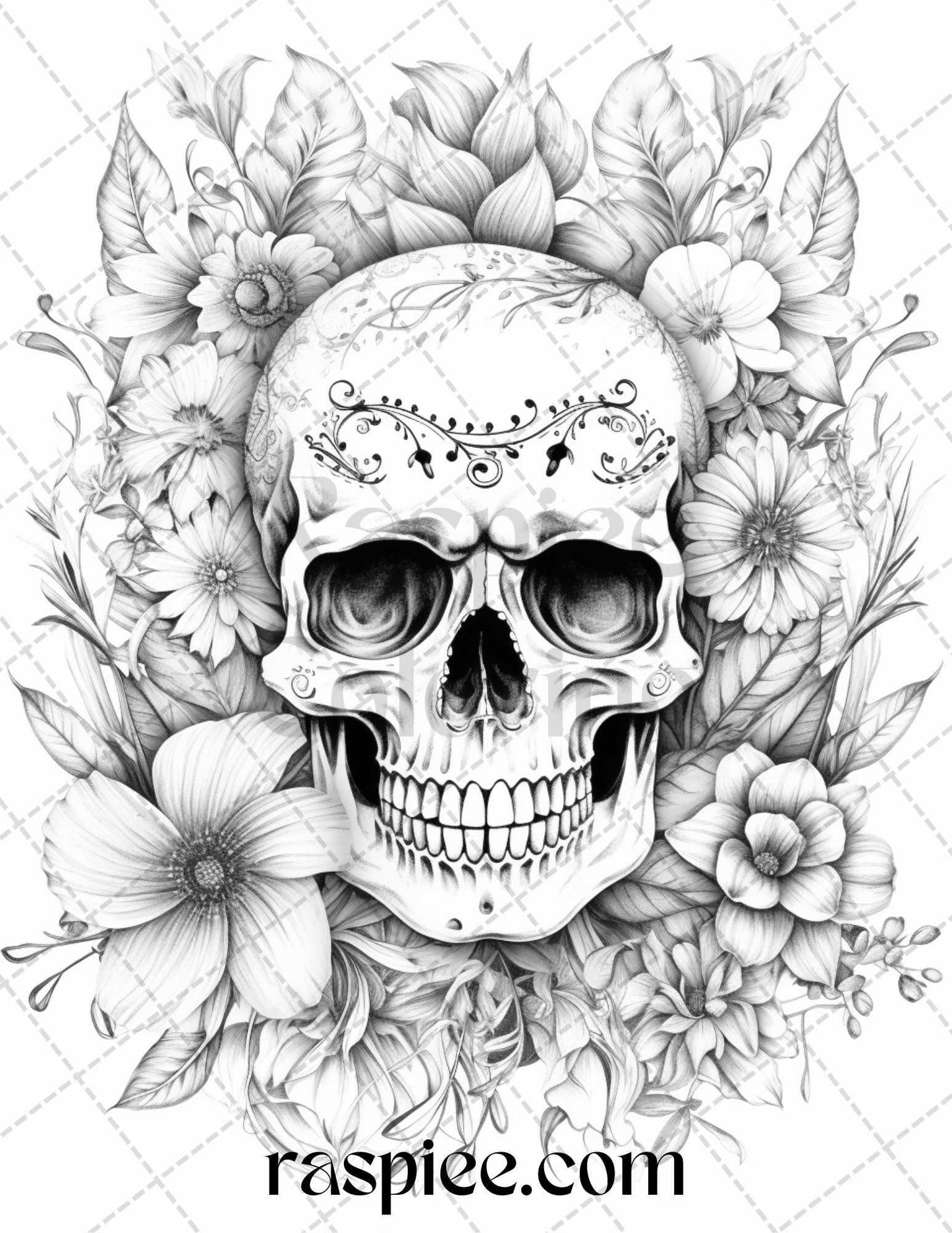 42 Floral Skull Grayscale Coloring Pages for Adults, Stress Relief Coloring Sheets, Printable PDF File Instant Download