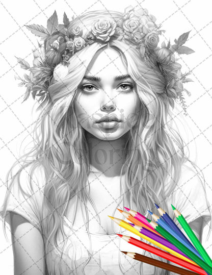 43 Beautiful Hippie Girls Grayscale Coloring Pages Printable for Adults, PDF File Instant Download