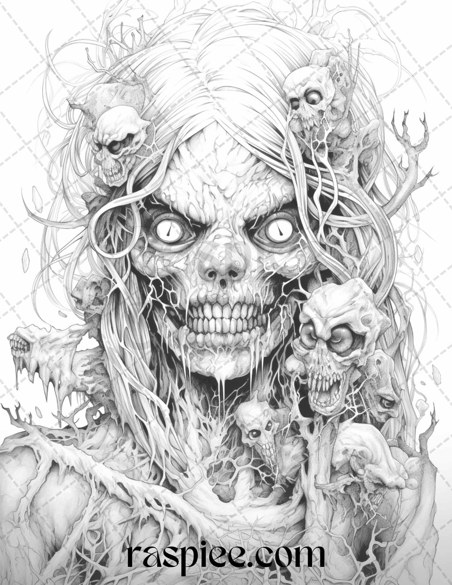 40 Scary Zombie Girls Grayscale Coloring Pages Printable for Adults, PDF File Instant Download