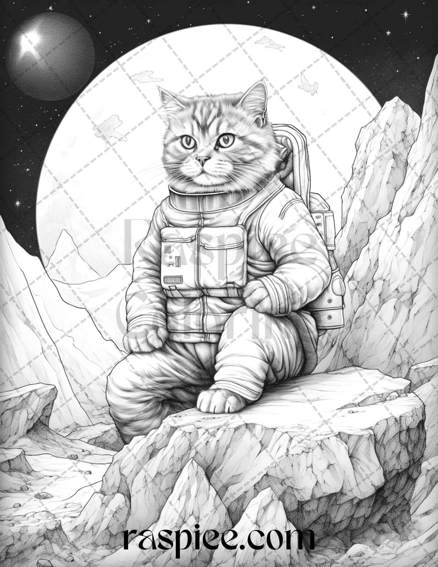 40 Cat Astronaut Grayscale Coloring Pages Printable for Adults Kids, PDF File Instant Download