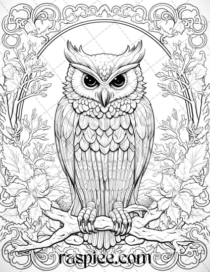 40 Floral Owl Grayscale Printable Coloring Pages for Adults, PDF File Instant Download