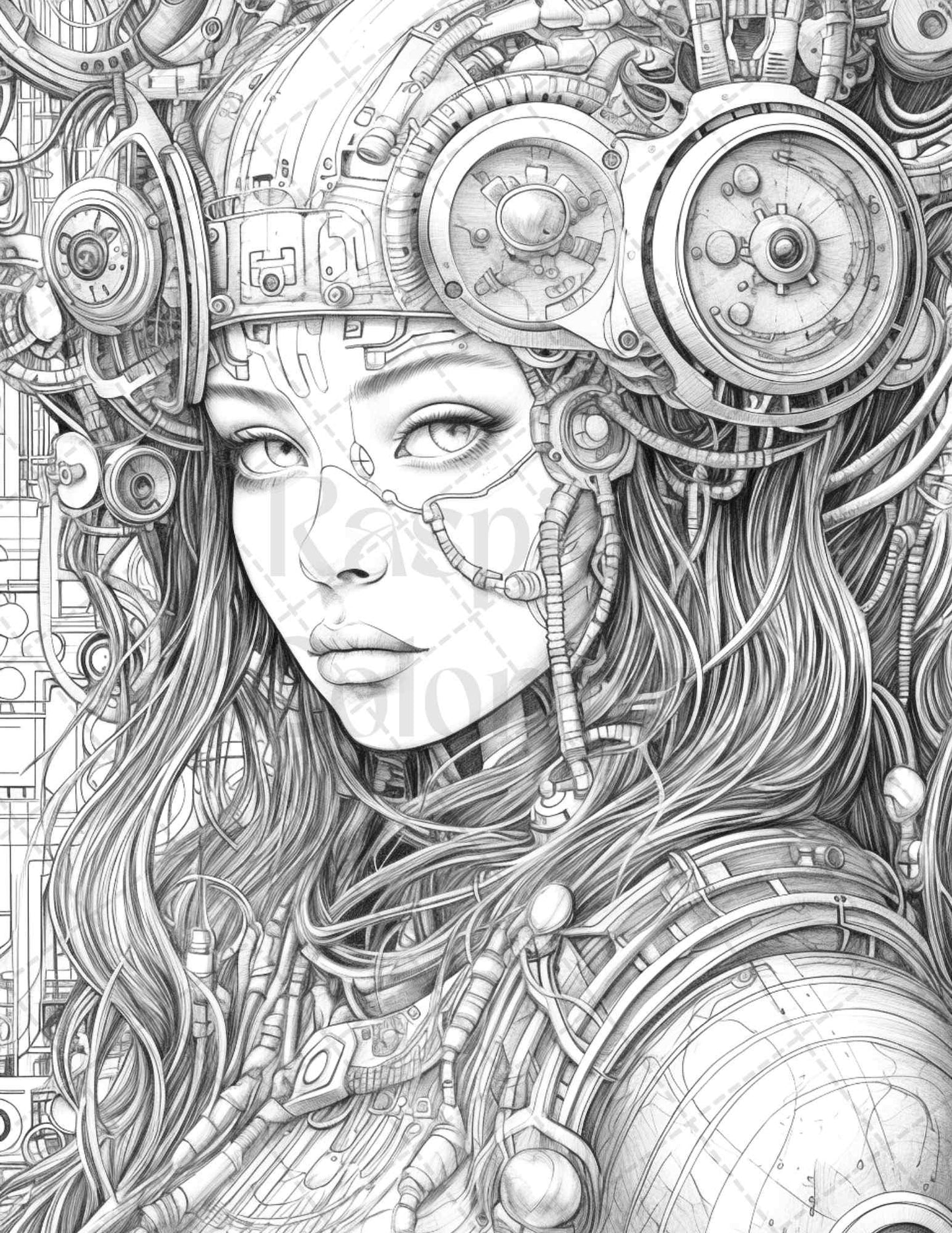 40 Beautiful Cyborg Girls Grayscale Coloring Pages Printable for Adults, PDF File Instant Download