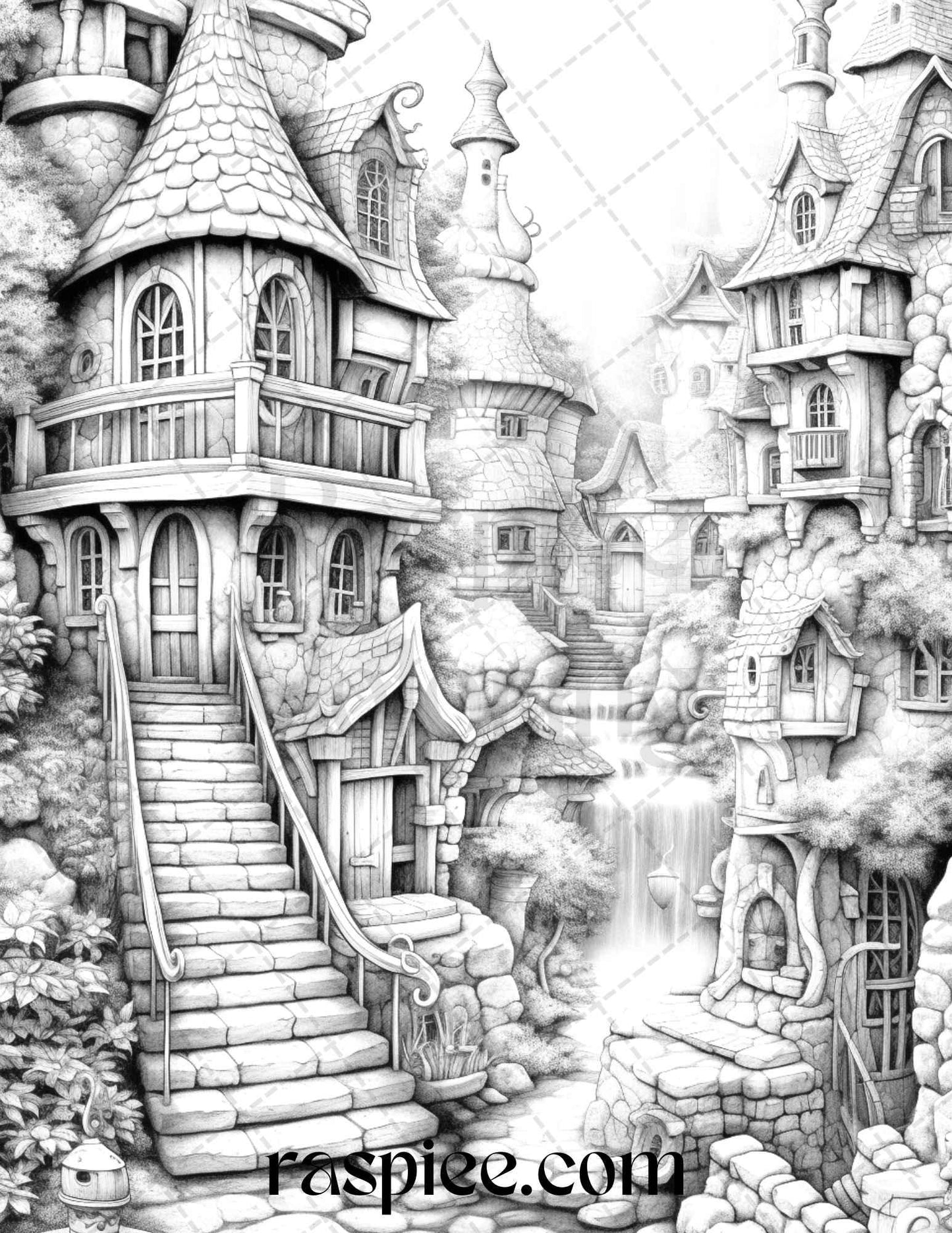 40 Fantasy Village Grayscale Coloring Pages Printable for Adults, PDF File Instant Download