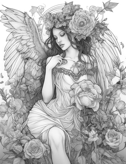 30 Beautiful Fairies Coloring Page Book for Adults, Flower Fairy Grayscale Coloring Book, Fairy Coloring Sheets, Printable PDF File Download