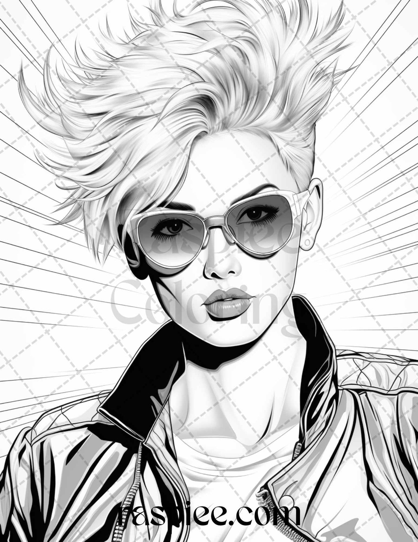 1980s New Wave Pop Star Grayscale Coloring Pages Printable for Adults, PDF File Instant Download