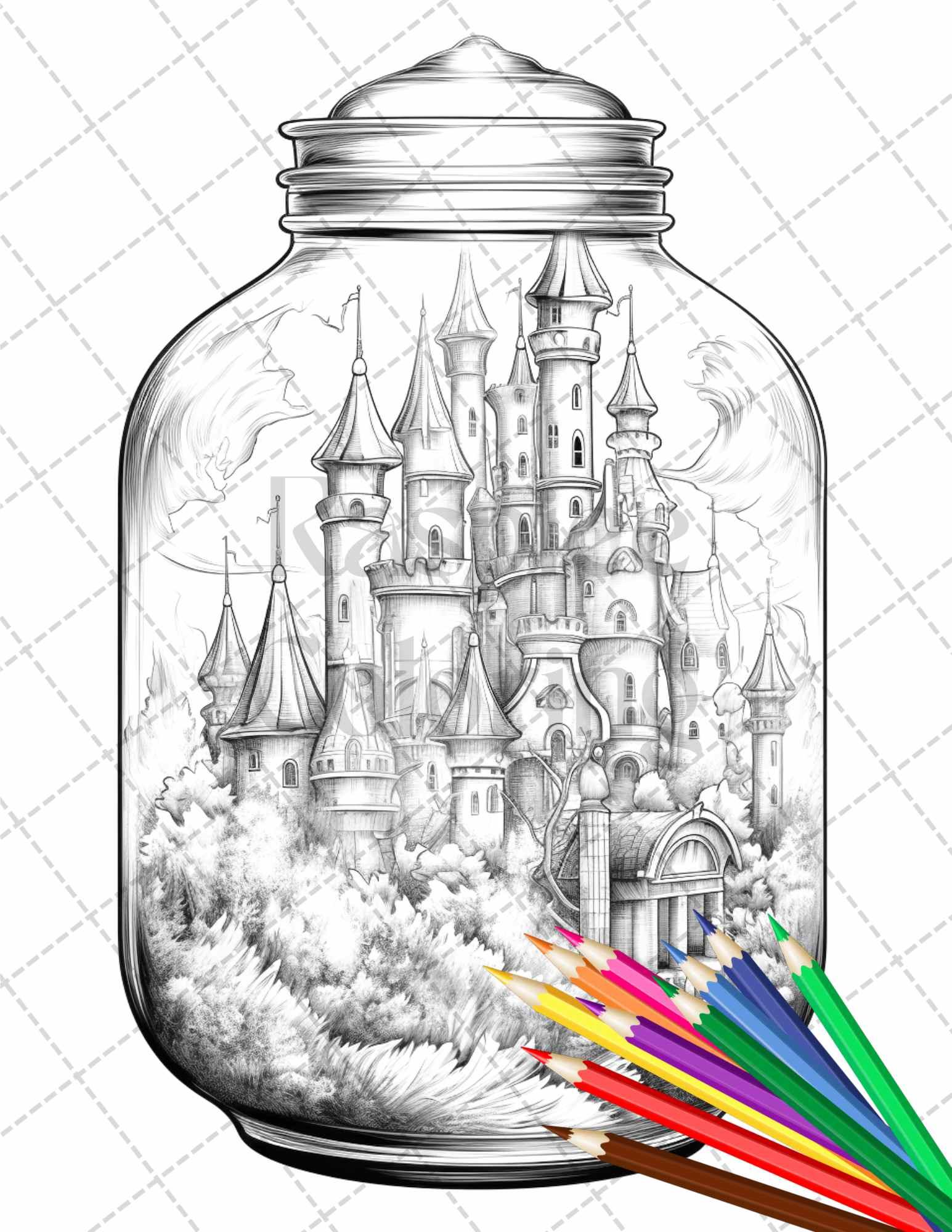 42 Fantasy Castle In Jar Grayscale Coloring Pages Printable for Adults, PDF File Instant Download