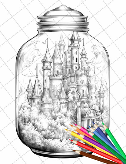 42 Fantasy Castle In Jar Grayscale Coloring Pages Printable for Adults, PDF File Instant Download