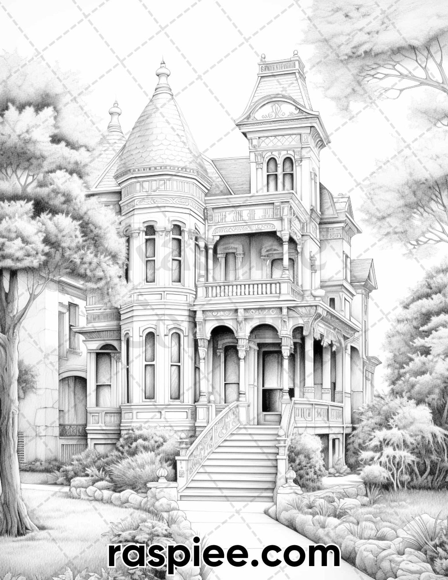 40 Victorian Mansions Grayscale Coloring Pages for Adults, Printable PDF Instant Download