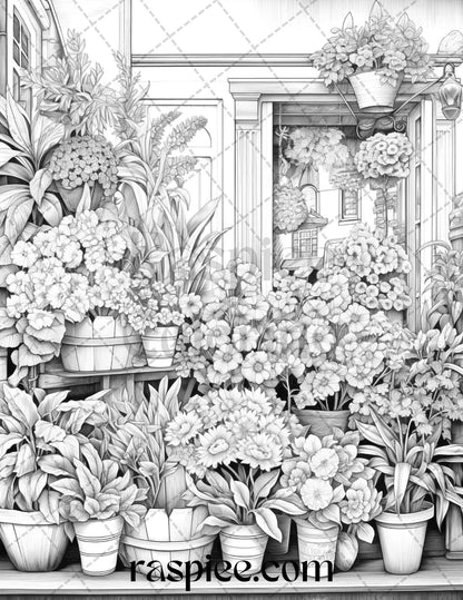 45 Flower Store Front Grayscale Coloring Pages Printable for Adults, PDF File Instant Download