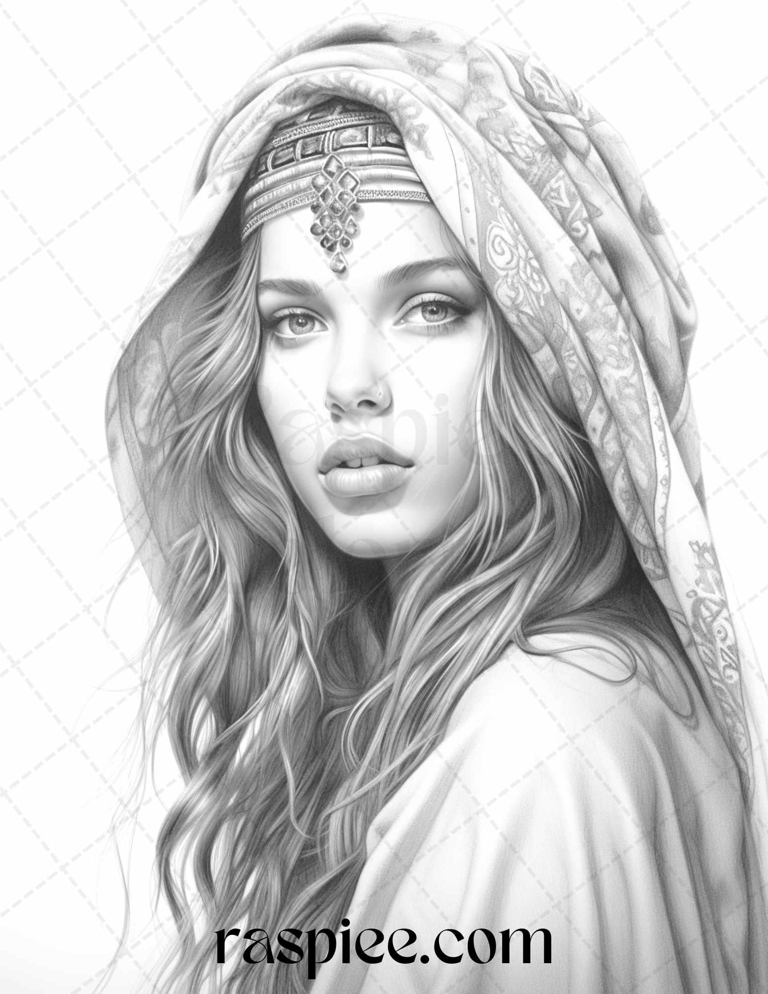 40 Beautiful Gypsy Girls Grayscale Coloring Pages Printable for Adults, PDF File Instant Download