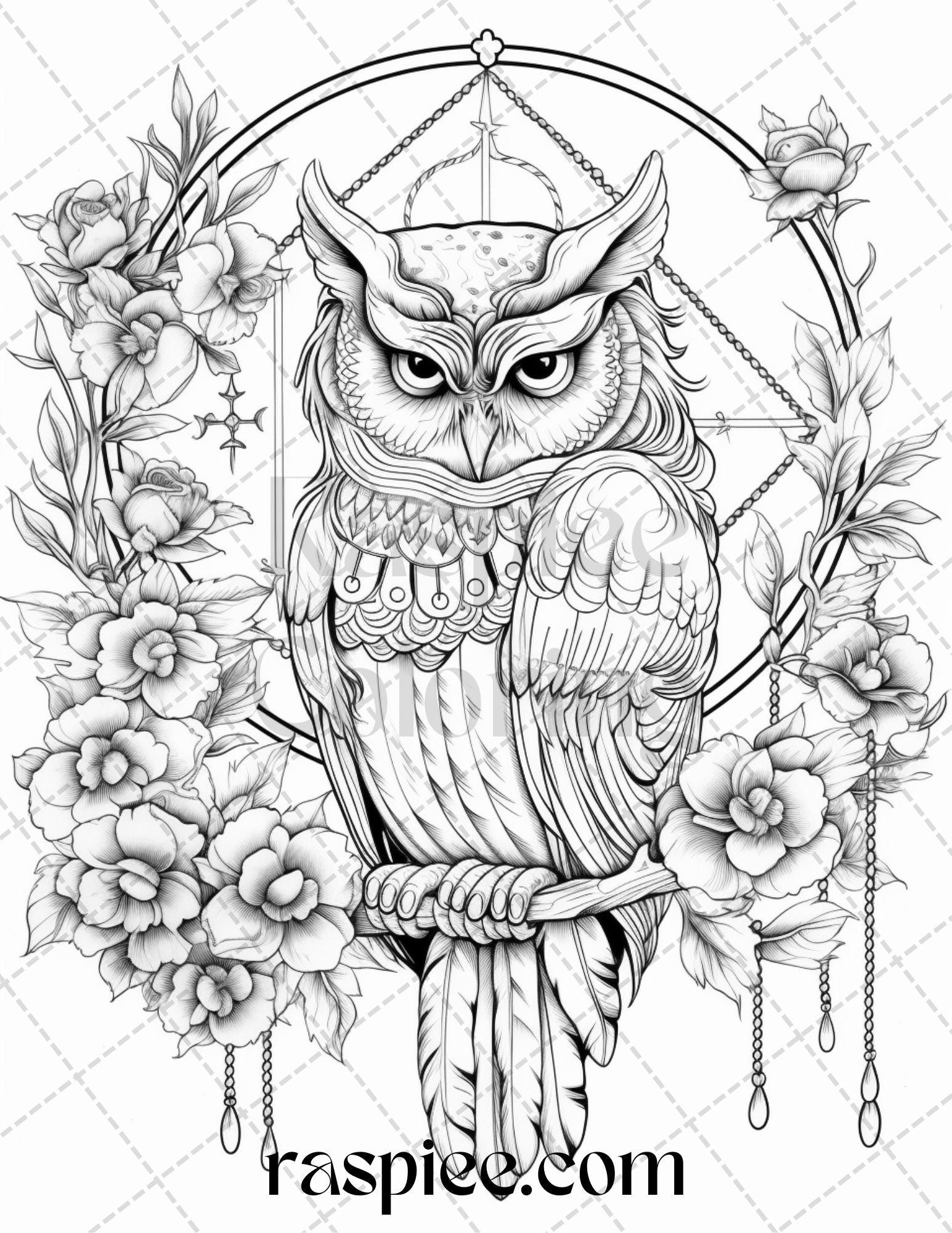 40 Floral Owl Grayscale Printable Coloring Pages for Adults, PDF File Instant Download