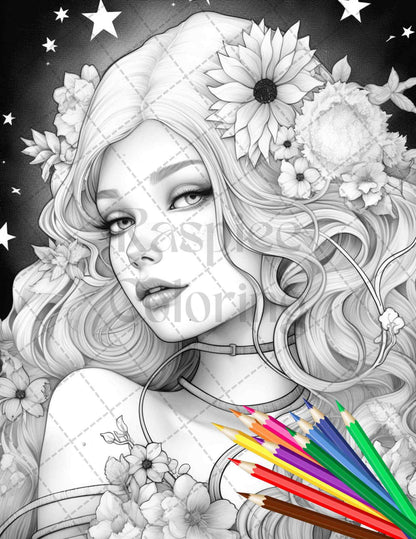 34 Beautiful Moon Fairies Grayscale Coloring Pages Printable for Adults, PDF File Instant Download