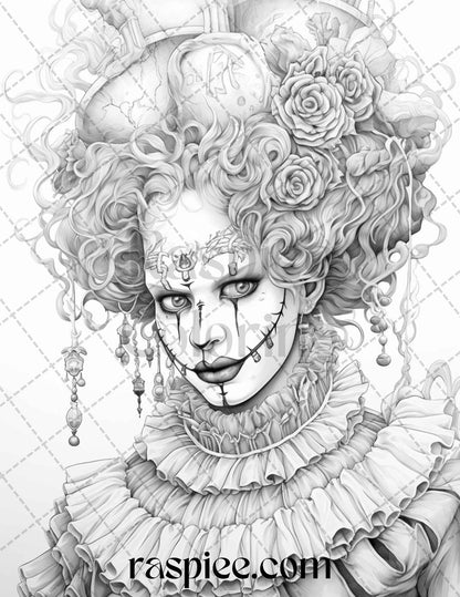 40 Spooky Clowns Grayscale Coloring Pages Printable for Adults, PDF File Instant Download